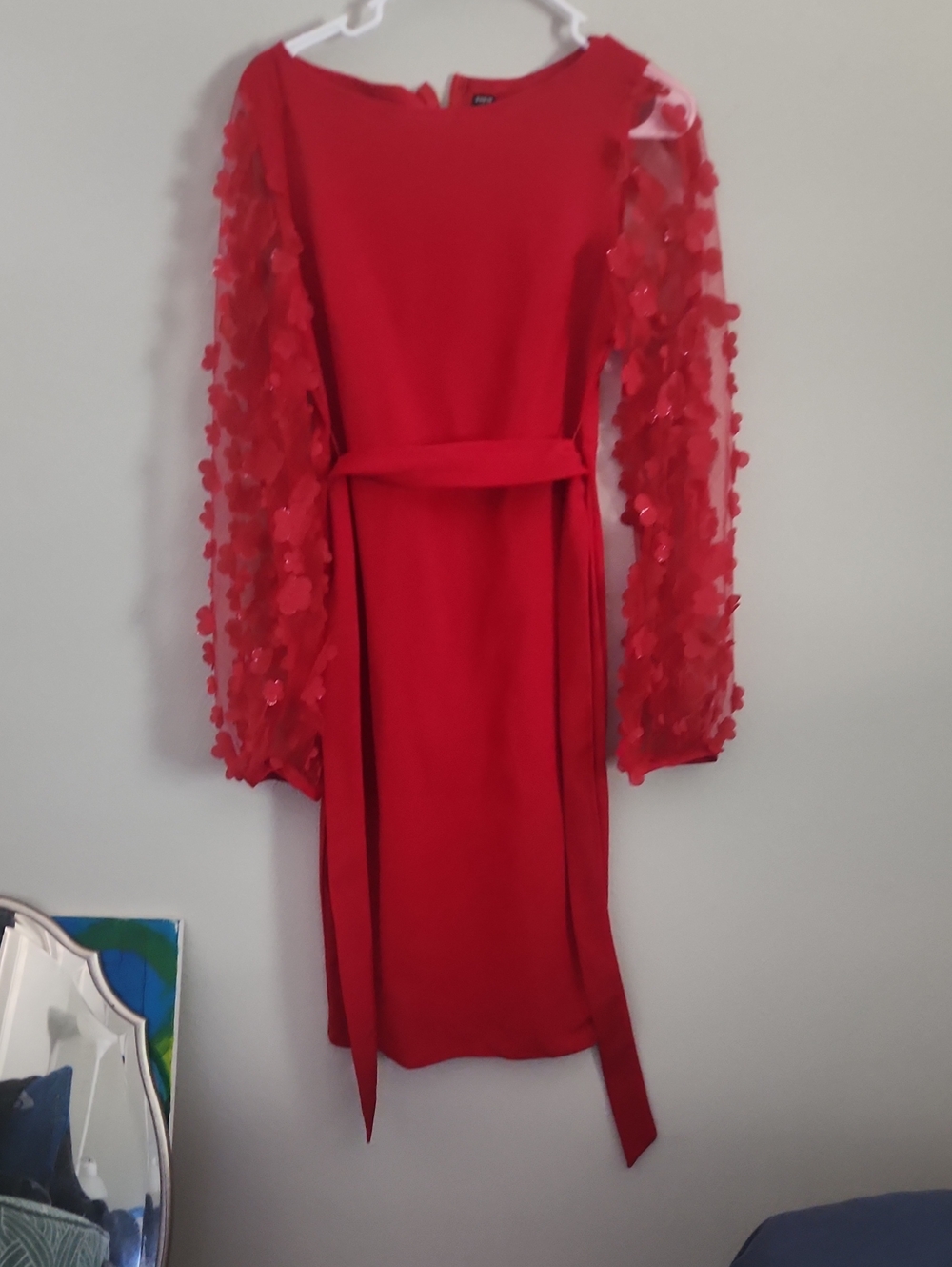 SHEIN Red Long Sleeve Dress with Floral Sequin Sleeves